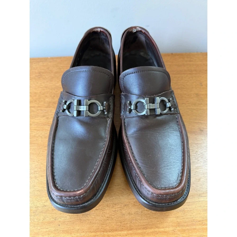 Ferragamo Moccasin Gancini Bit Men's 9 D Calf Leather Brown Loafers Italy
